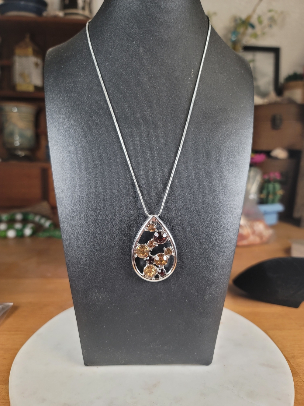 paparazzi Silver Teardrop Necklace with Amber and Brown Crystals